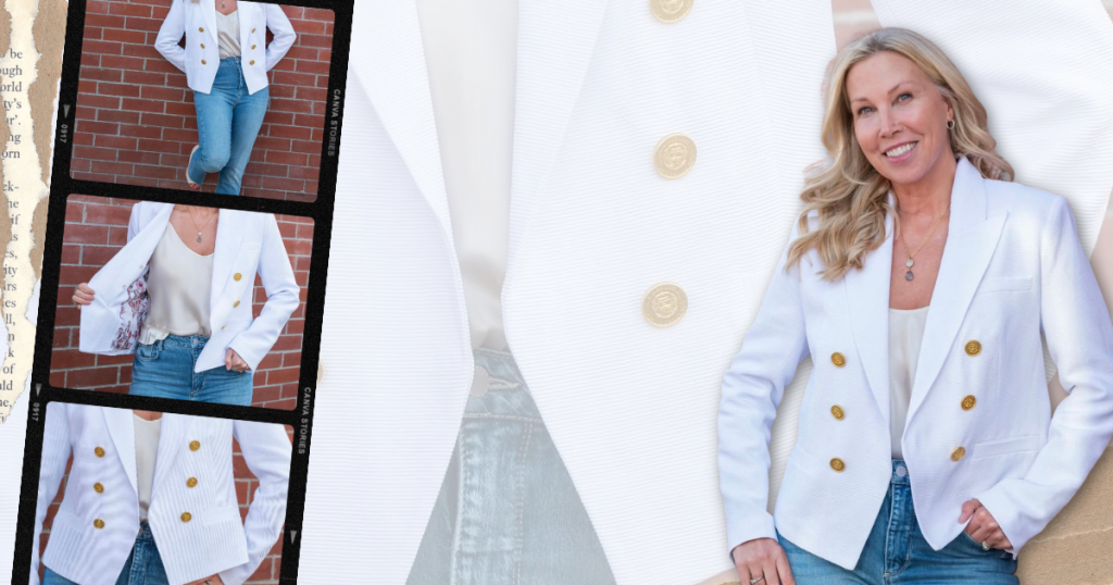 spring white blazer outfit with denim